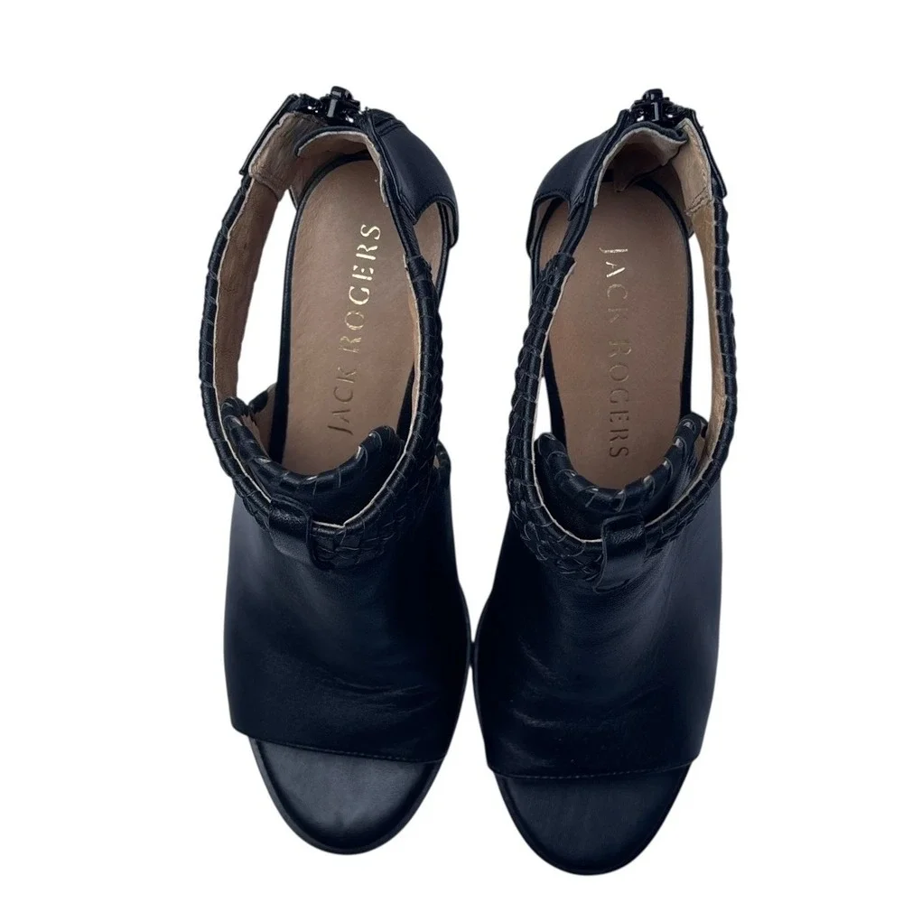 Jack‎ Rogers Block Heel Sandal Sz 7 Black Leather Ankle Strap Open Toe $158 Moto